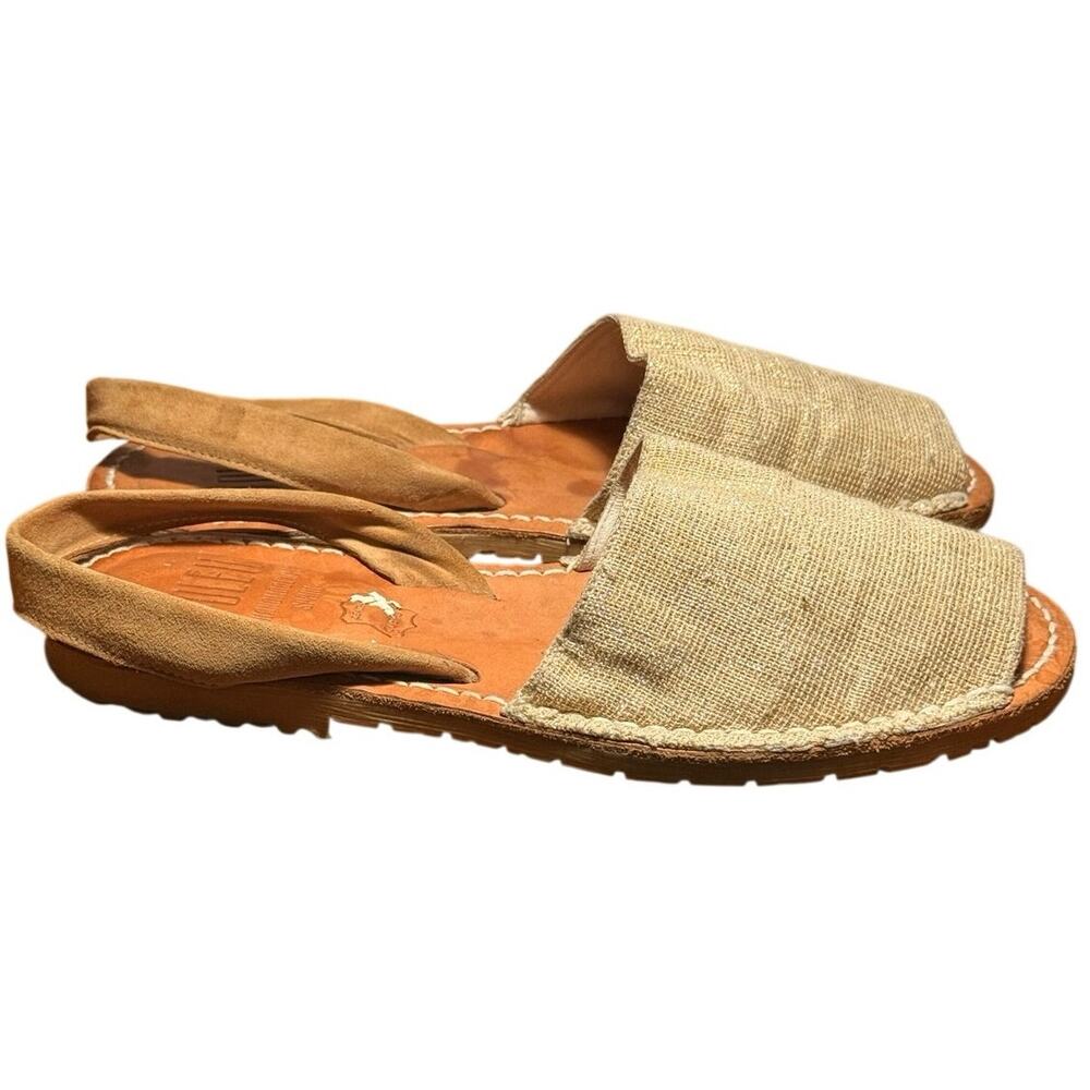 Soleil Menorcan Avarcas Sandals Beige Linen Metallic Gold Slingback Spain 8.5